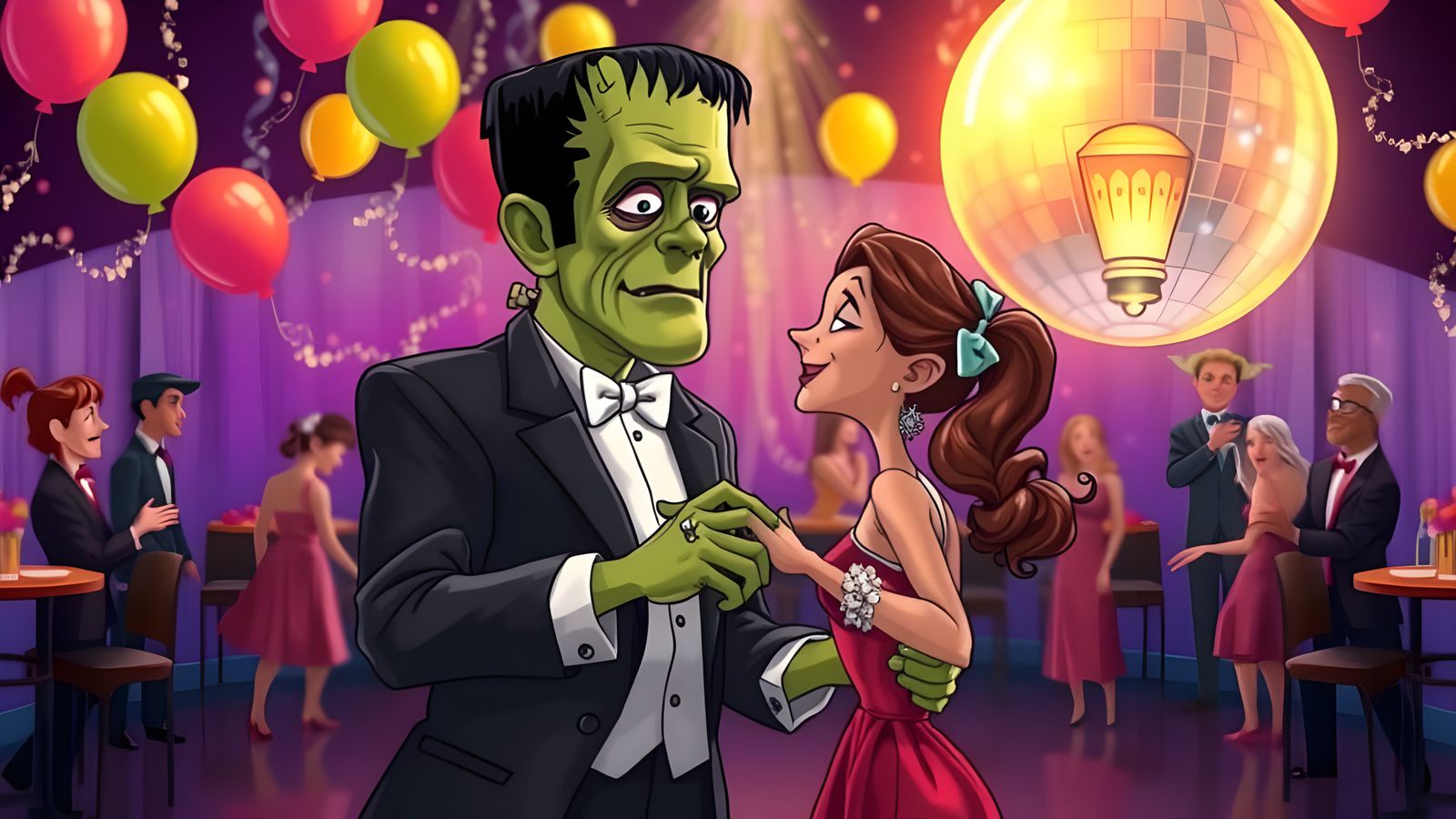Cartoon Frankenstein's First Prom in High Detail