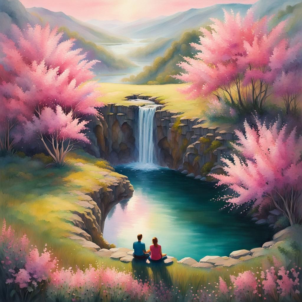 Heart-Shaped Pond at Mountain Peak in Dreamlike Landscape