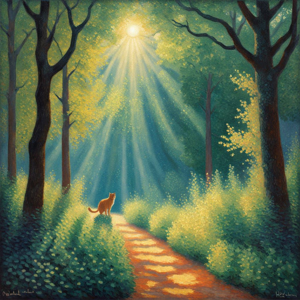 Mystical Cat Leaping Through Impressionist Forest