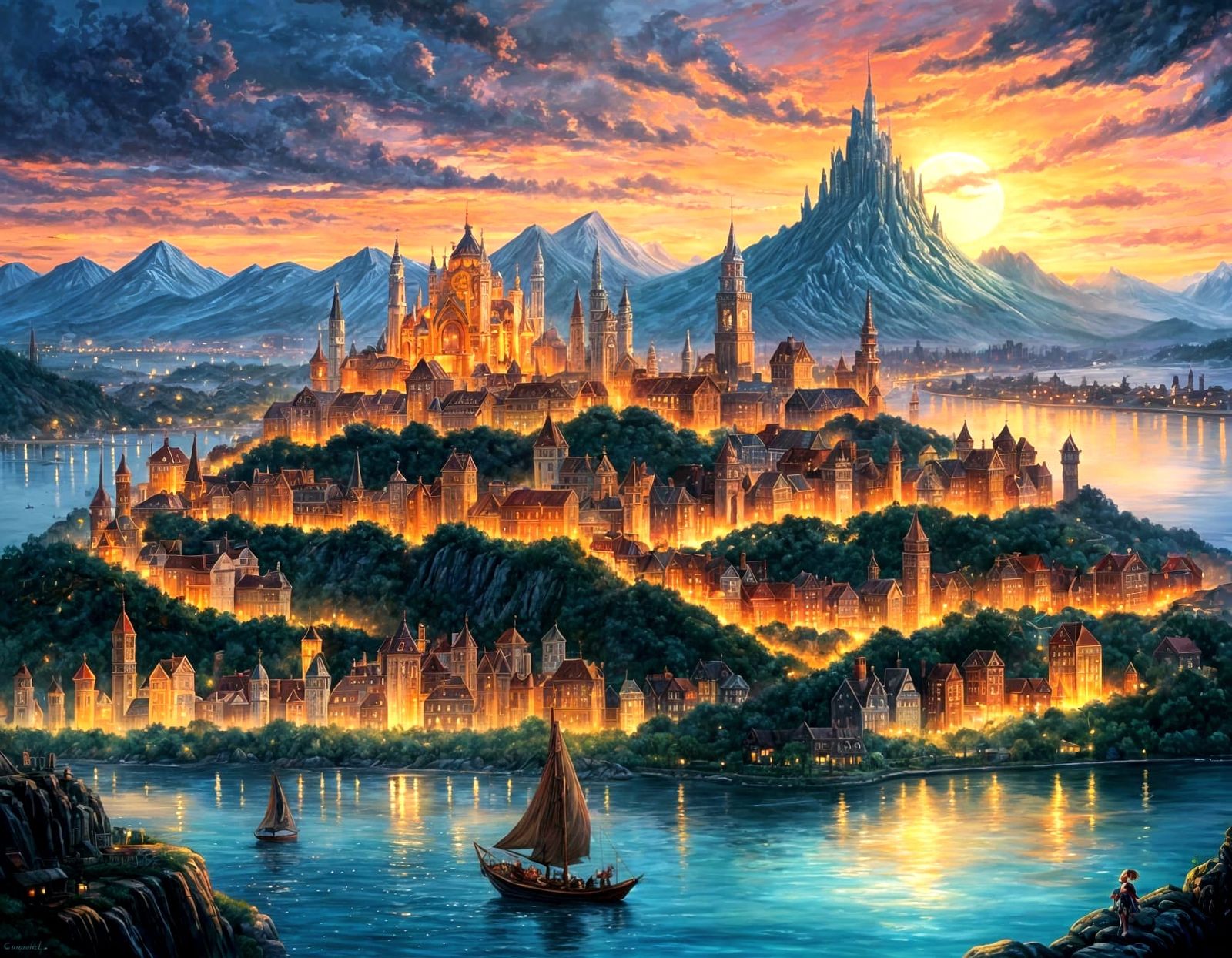 Elf City Skyline at Sunset Oil Painting