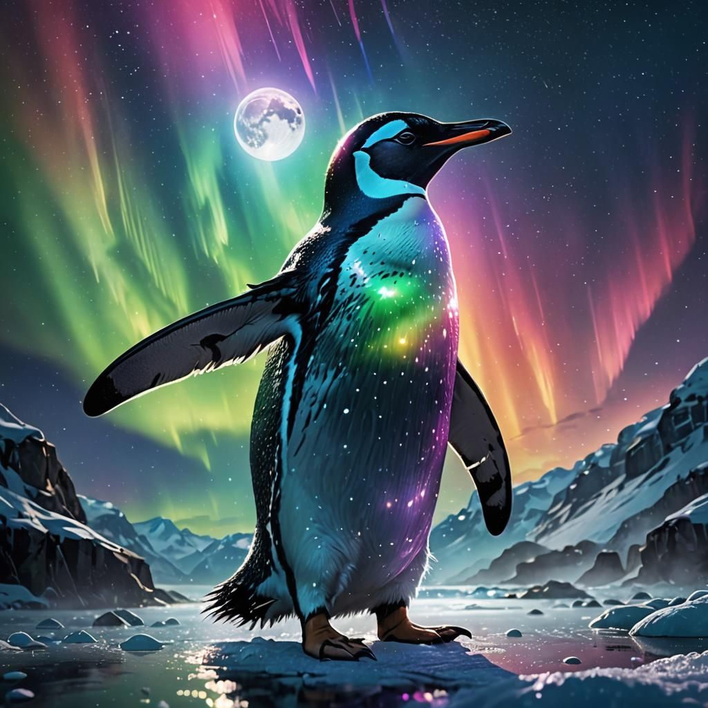 Iridescent Moonlit Penguin with Northern Lights