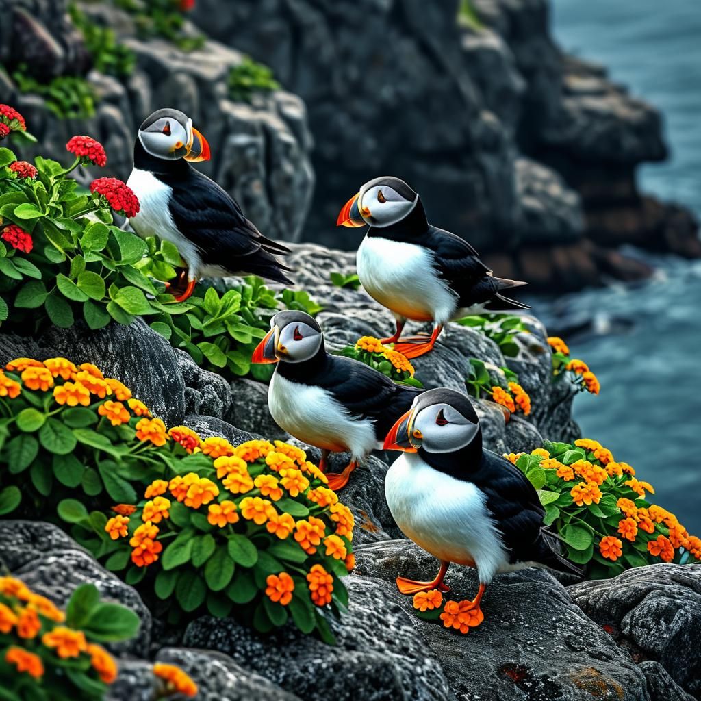 Puffins and Lantana in Hyperrealistic Detail