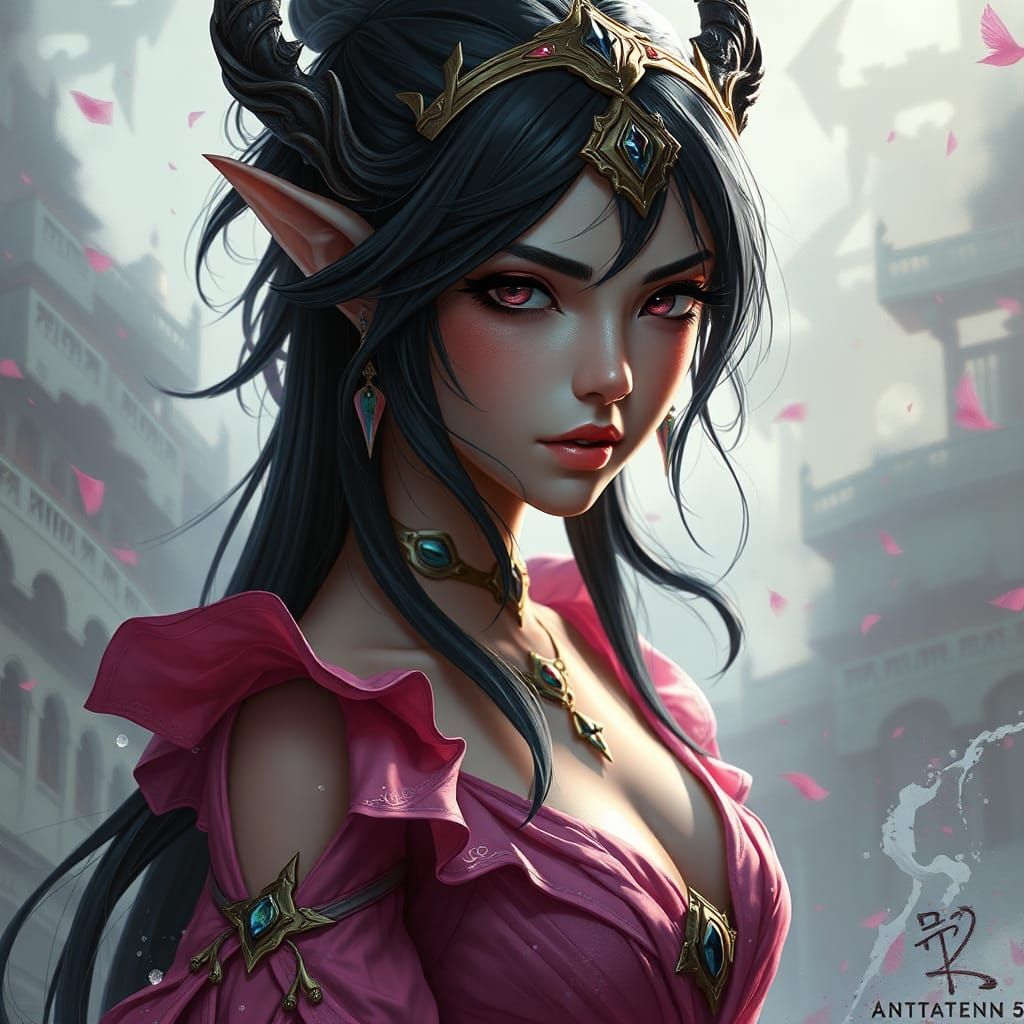 High-Elf Female in Pink Dress: Fantasy Art