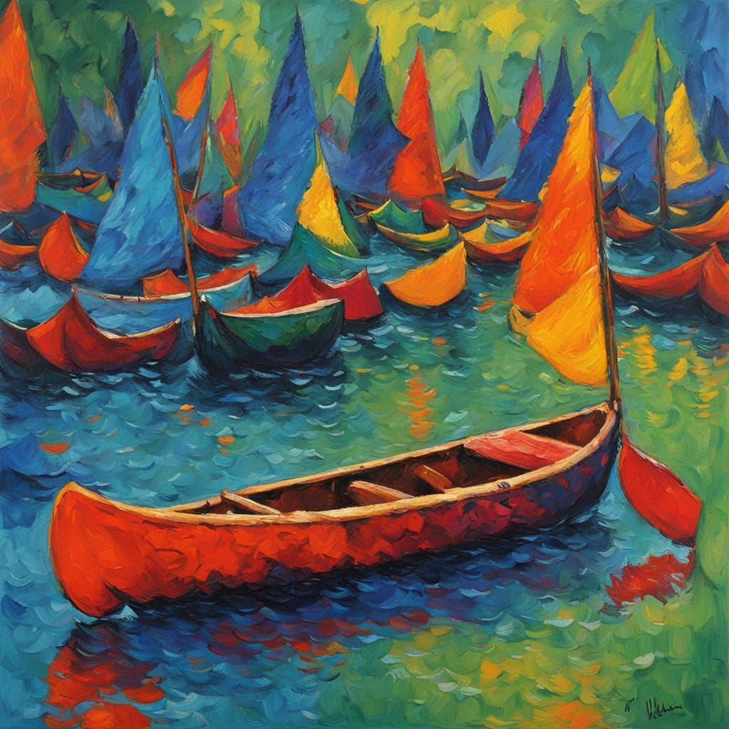 Erik the Red Paddles Canoe in Neo-Impressionist Style