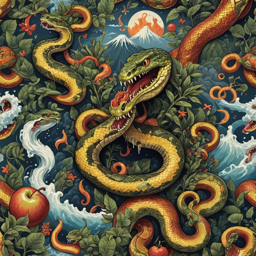 Surreal Snake Volcano Brushing Teeth with Adam and Eve