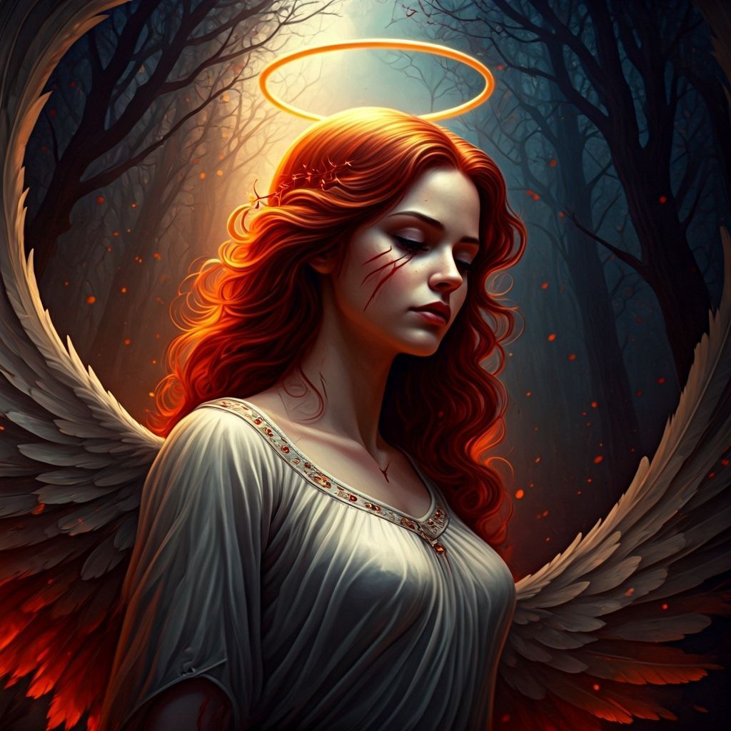 Female Angel Mourns Lost Love in Spooky Forest