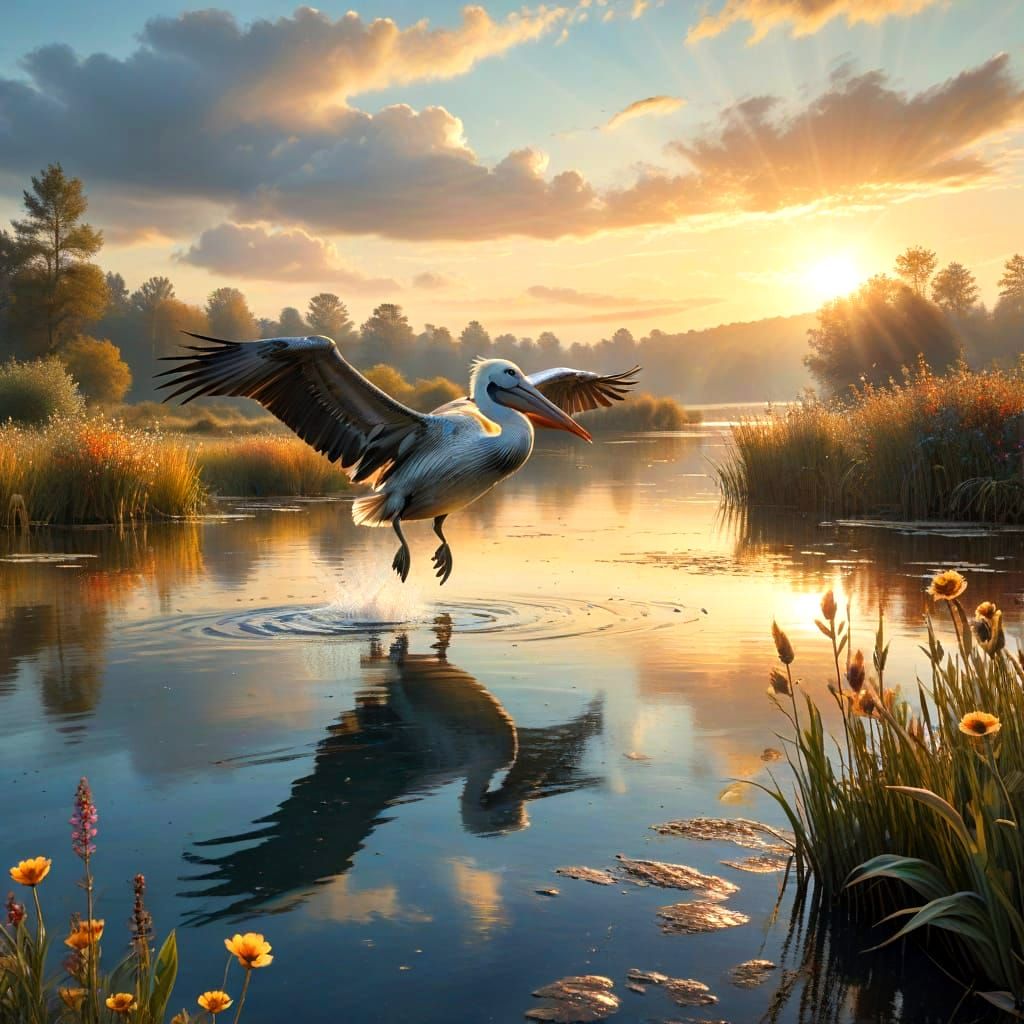 Majestic Pelican in Soft Autumn Landscape with Gum Trees