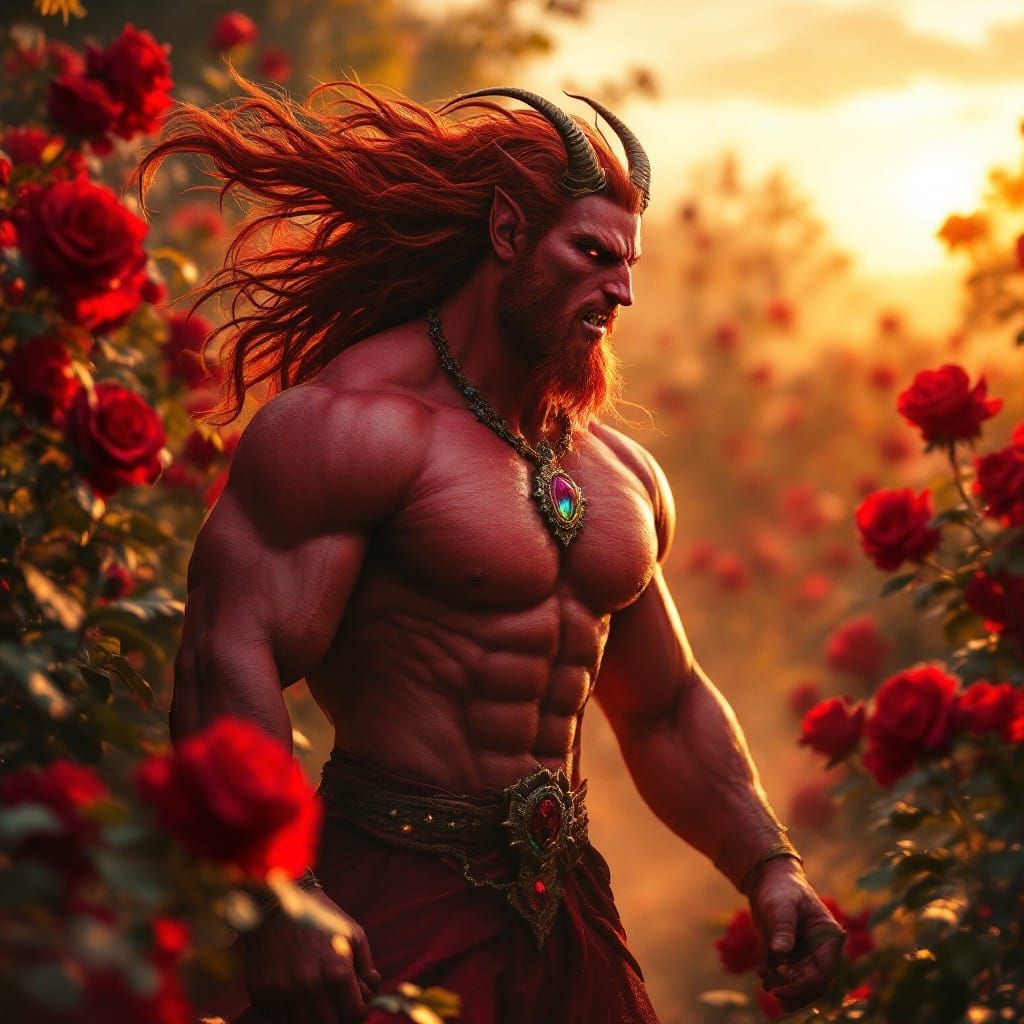 Majestic Centaur Strides Through Crimson Rose Field
