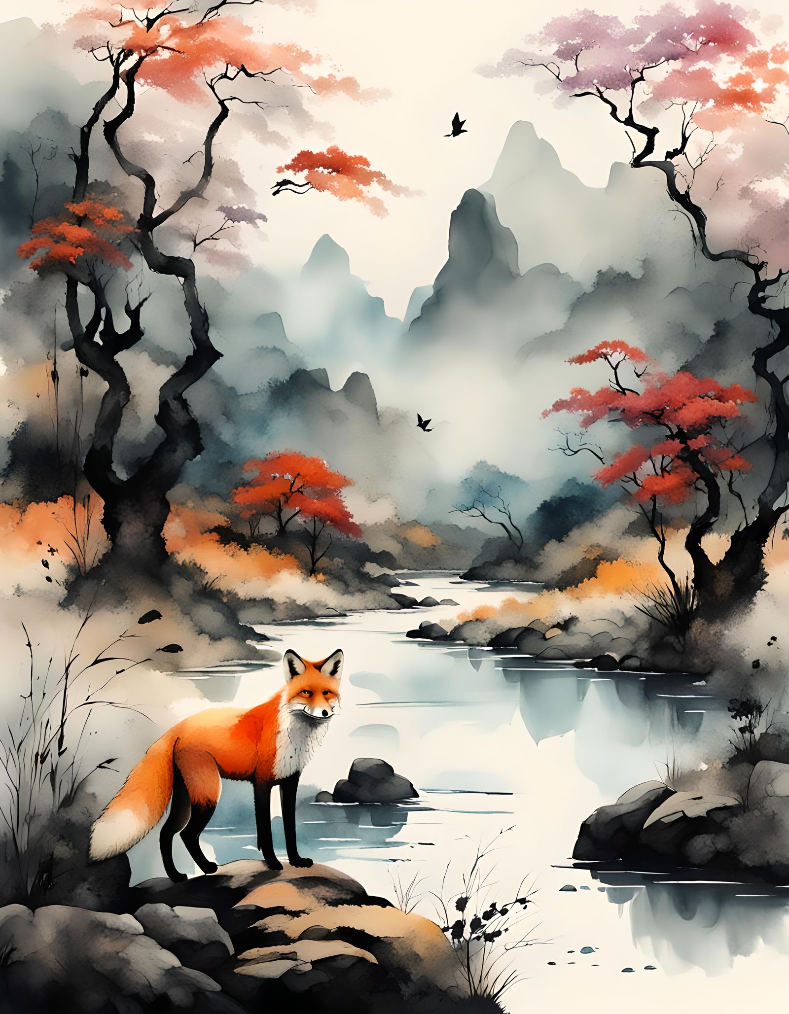 Fox by River in Colorful Chinese Ink Painting