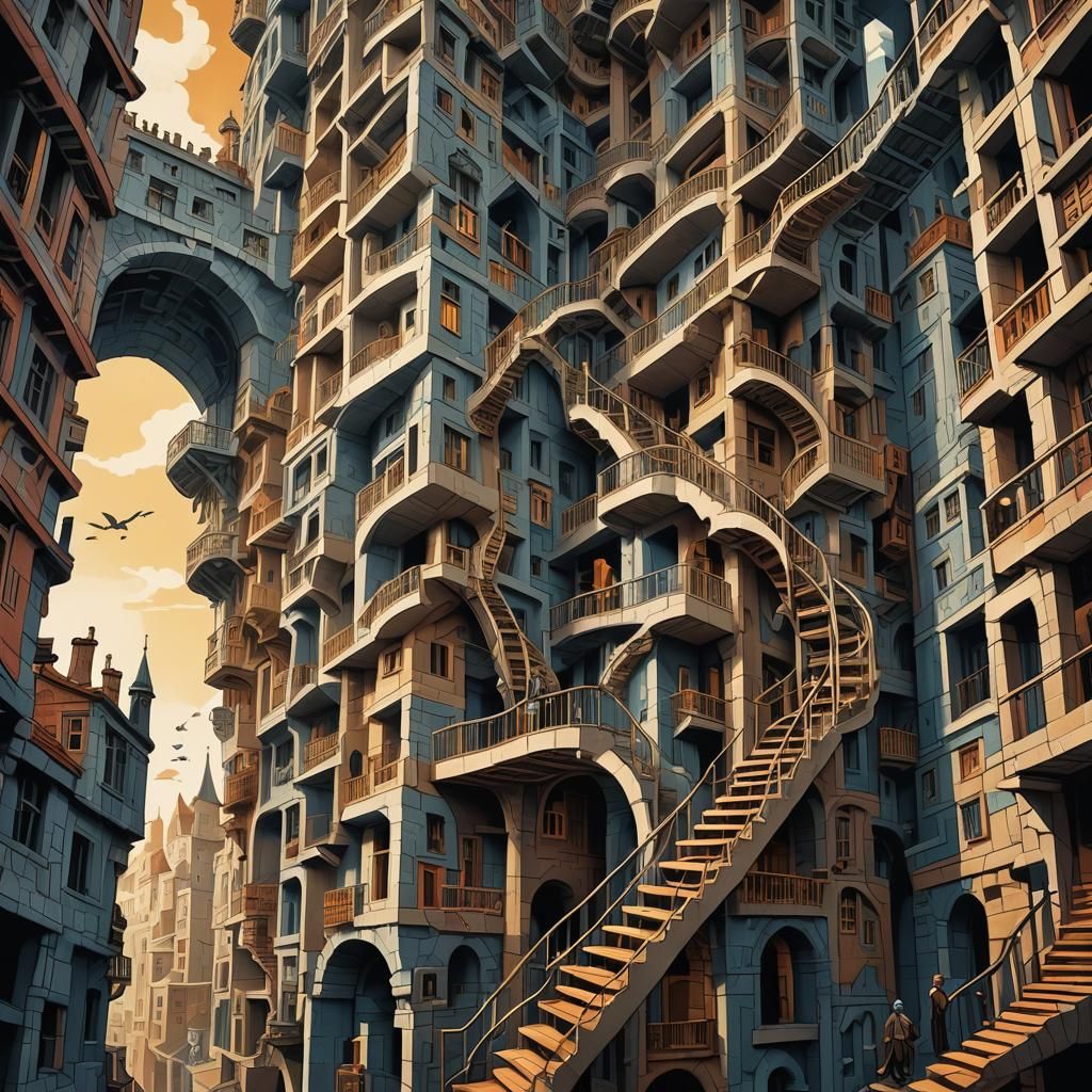 Escher-Inspired Infinite Staircase: Geometric Concept Art