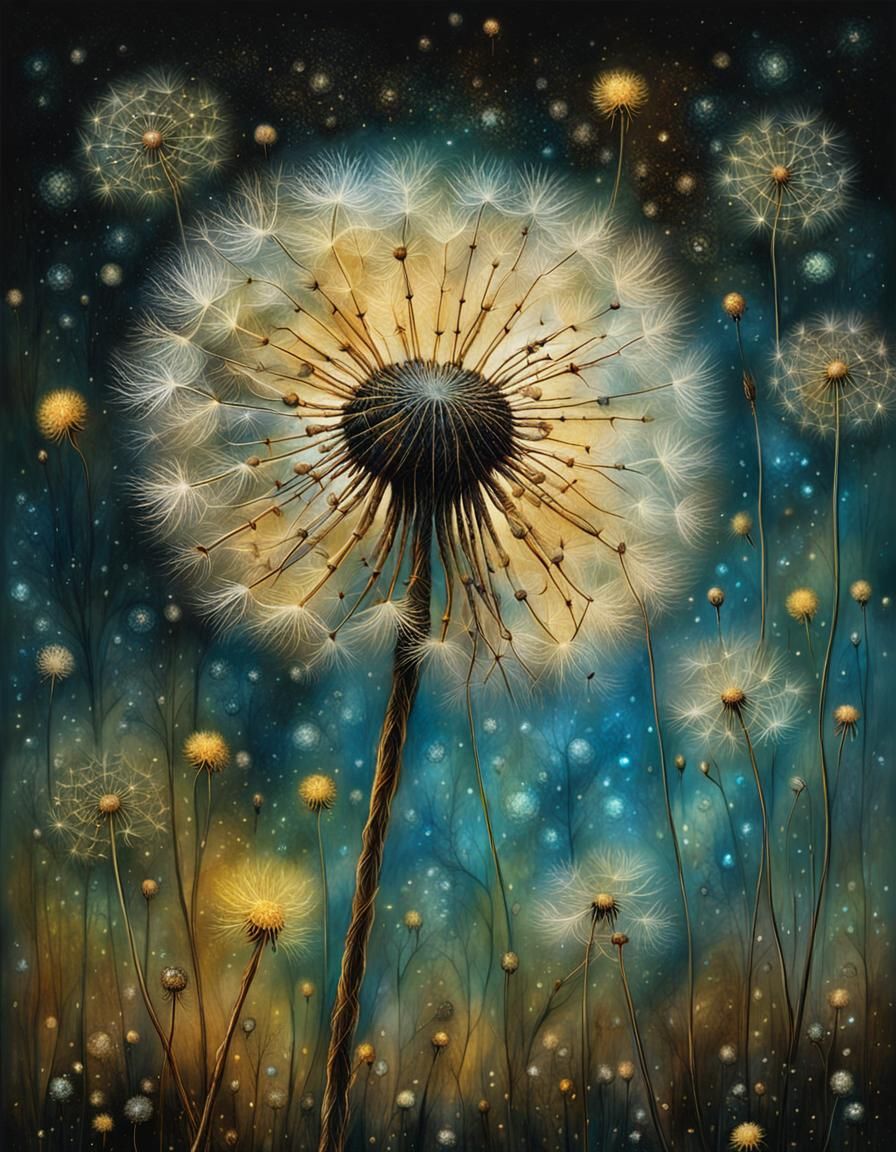 Glowing Dandelion in Bloom with Magical Sparkles
