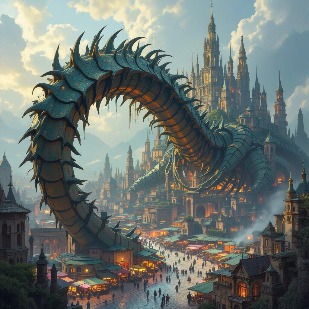Dragon Ribcage Metropolis: A Dark Fantasy Matte Painting