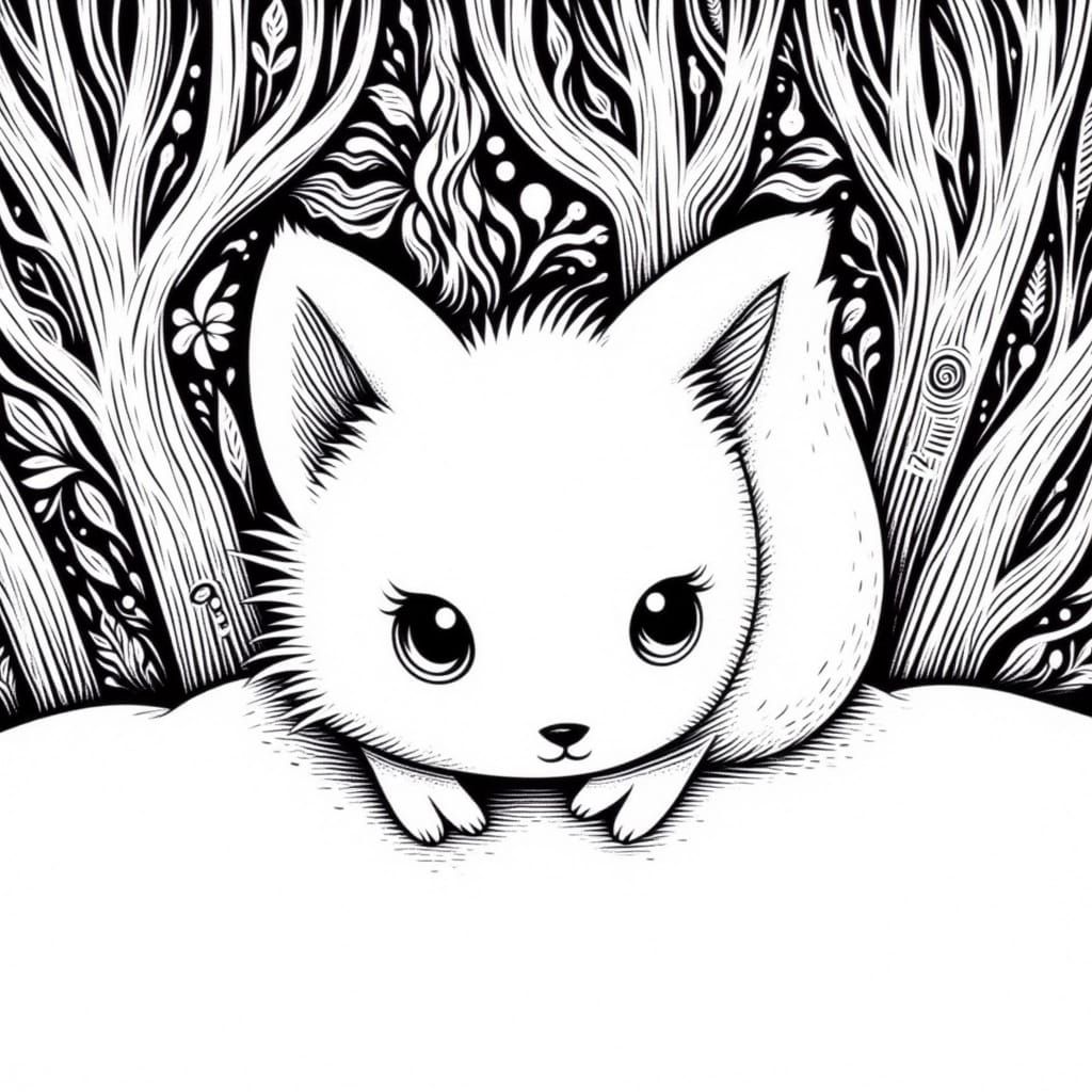 Arctic Fox in Blizzard: Monochromatic Line Art