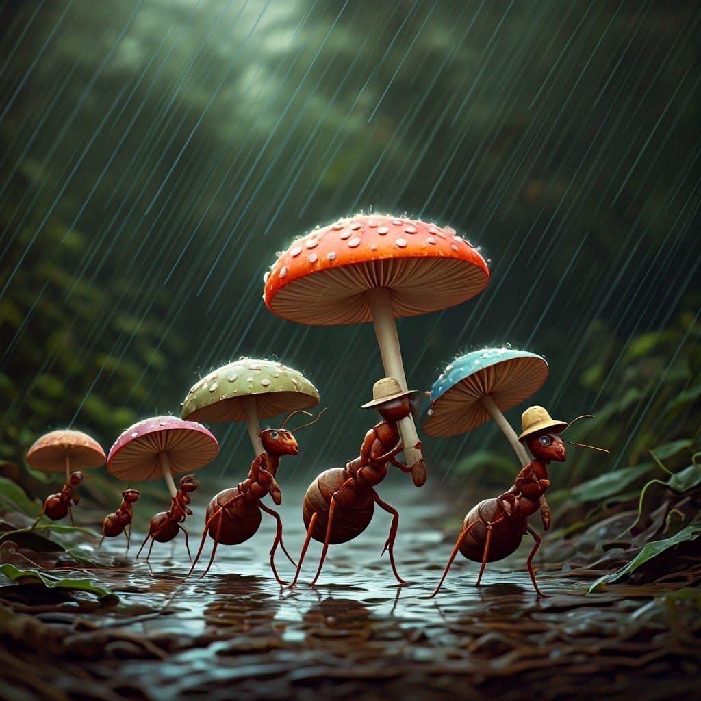 Whimsical Rainy Day Scene in Earthy Tones