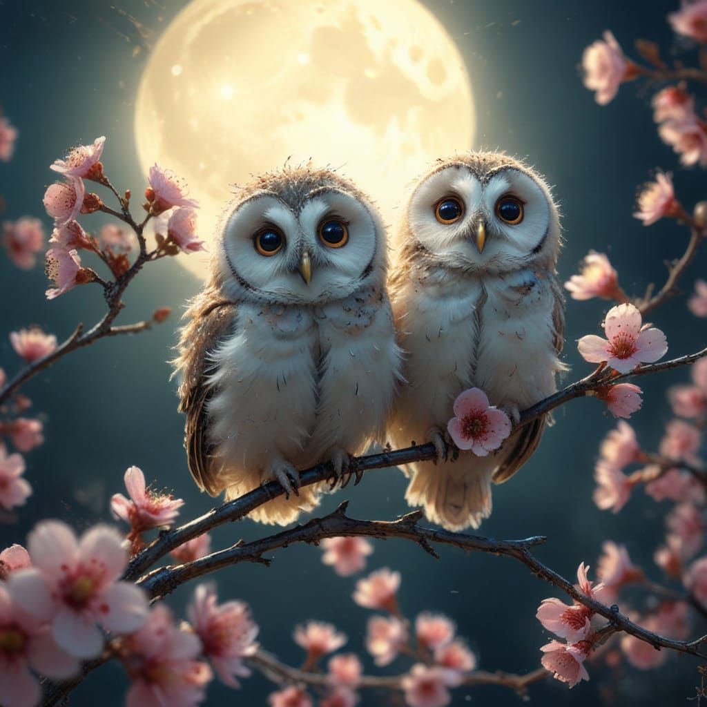 Whimsical Baby Owls in Cherry Blossom Glow