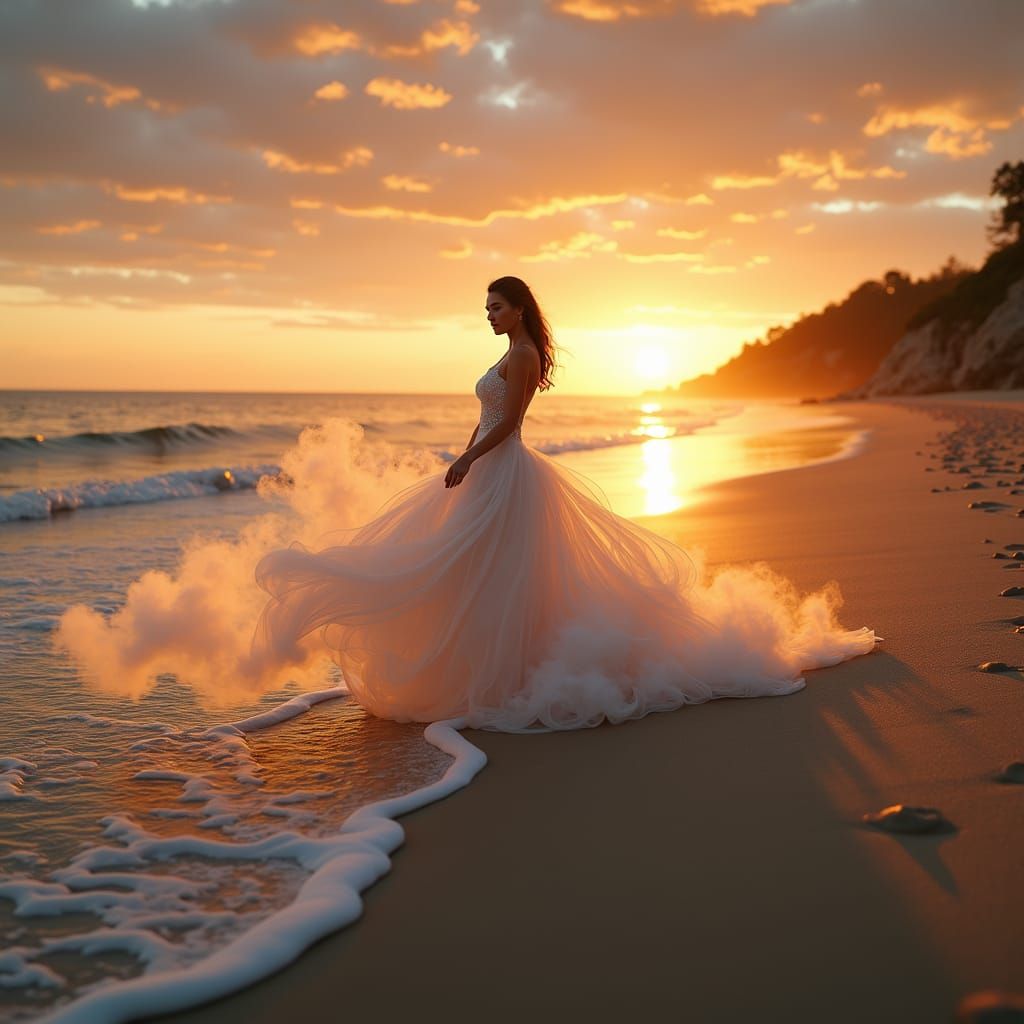 Ethereal Smoke Woman on Beach at Dusk