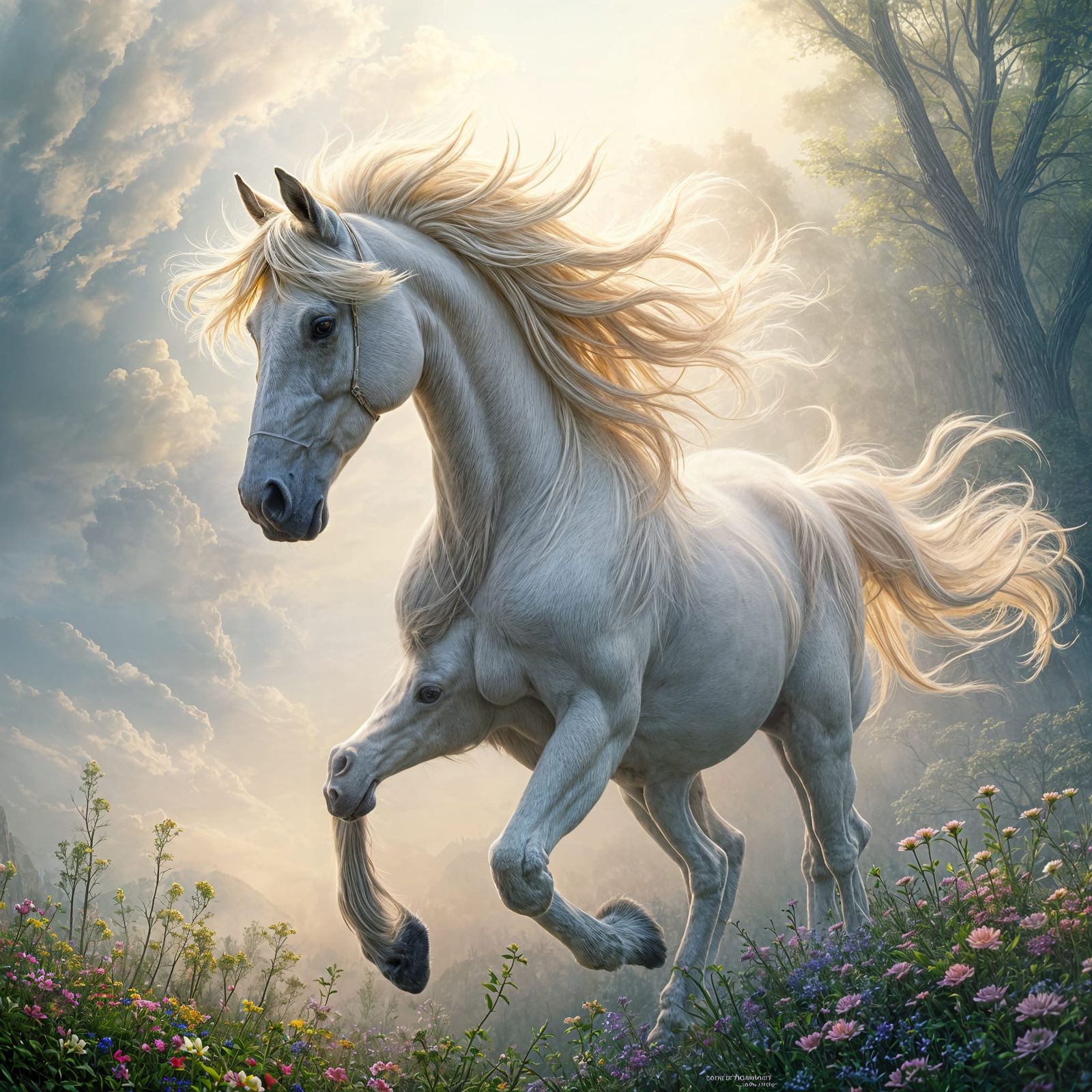 Ethereal Horse and Wind Goddess Merge in Fantasy Art
