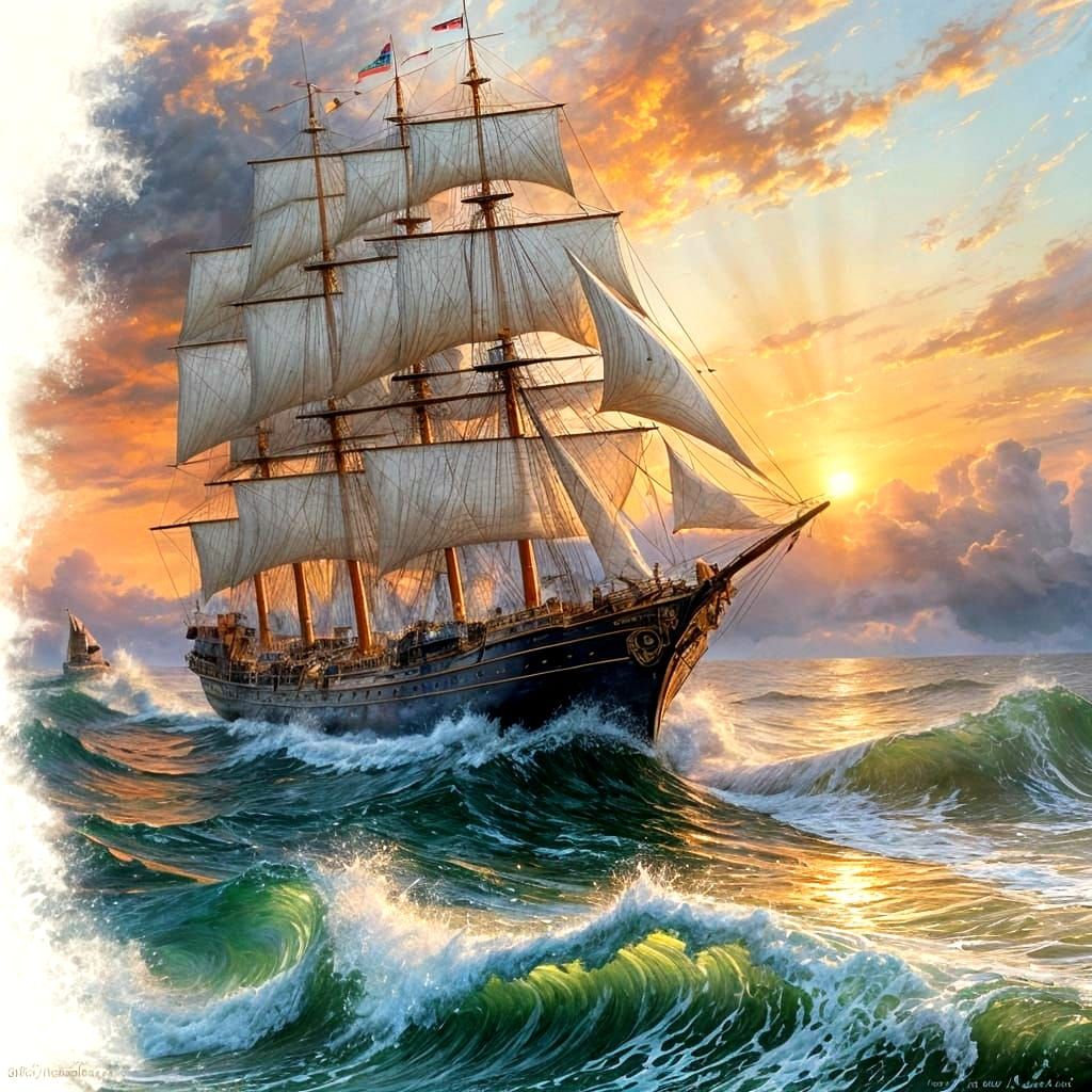 Majestic Sailing Ship on Stormy Wave at Sunset