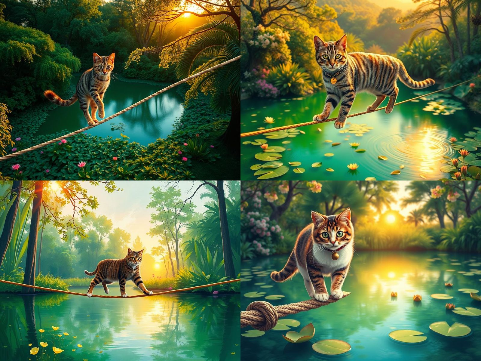 Impressionistic Tabby Cat on Tightrope Over Emerald Lake