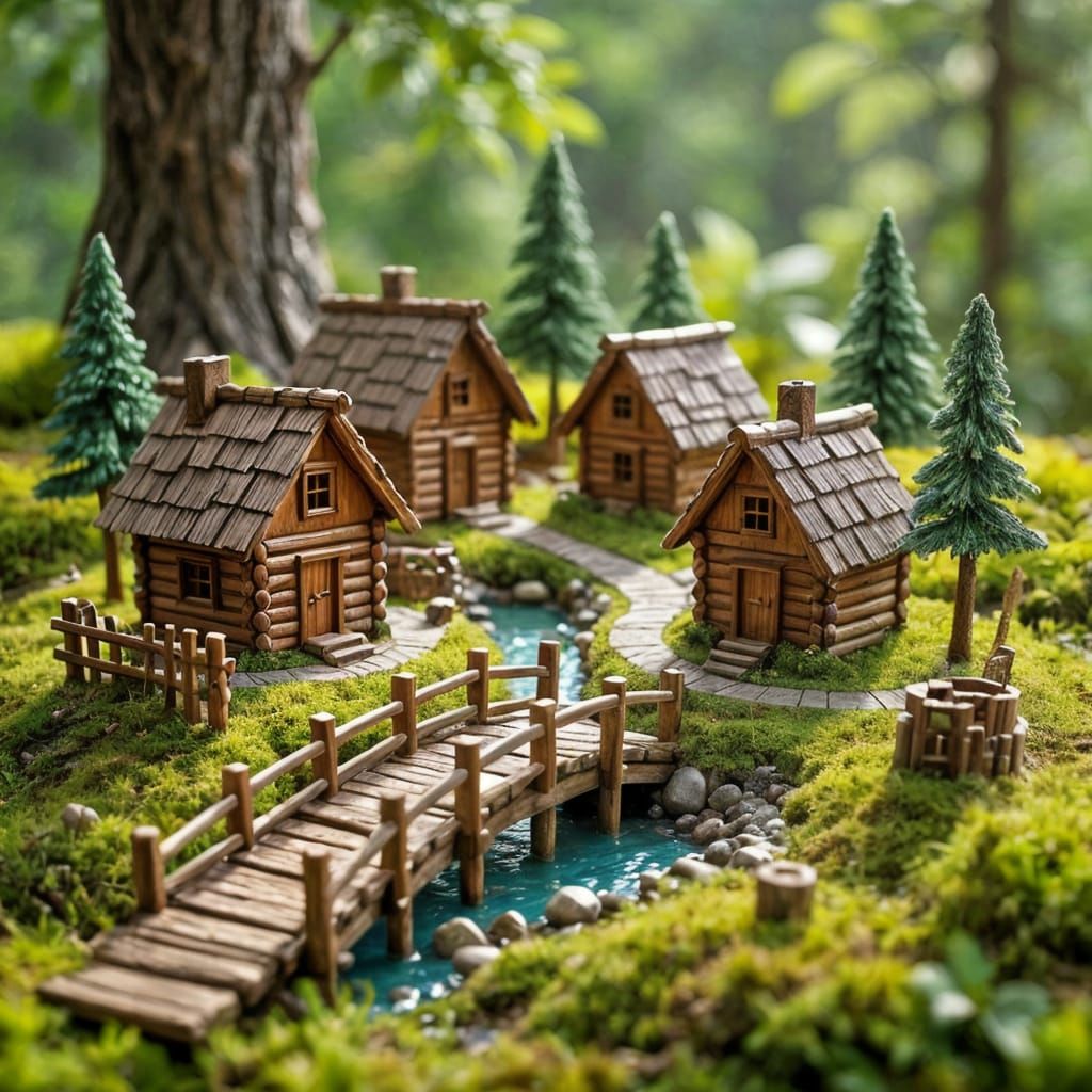 Handcrafted Miniature Village on Mossy Base