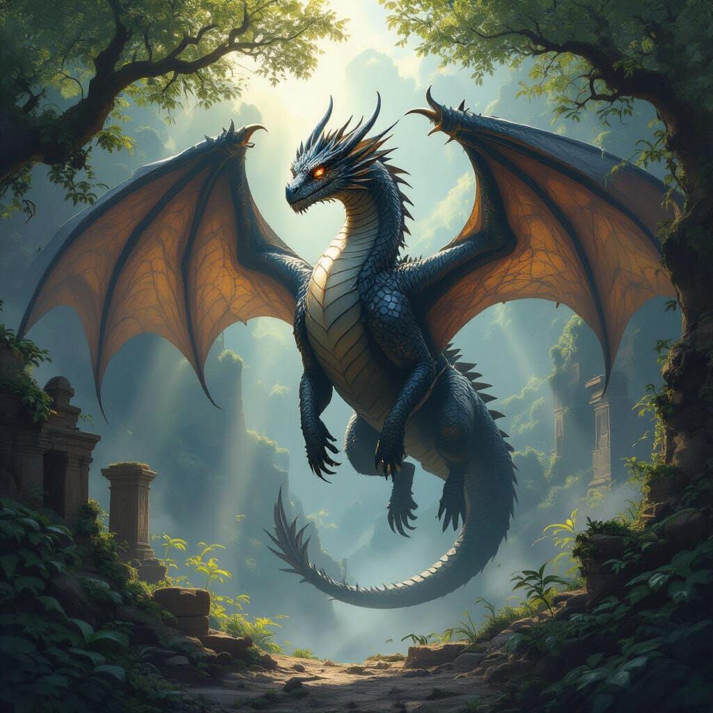 Majestic Obsidian Dragon Guards Hidden Valley Ruins