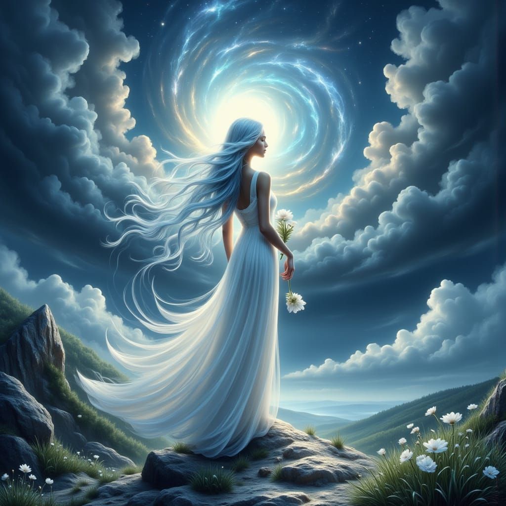 Ethereal Woman Gazing at Stormy Vortex