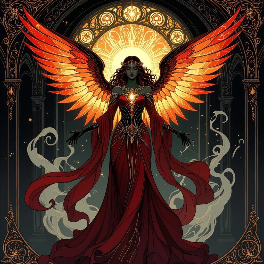 Celestial Being with Molten Wings in Art Nouveau Style