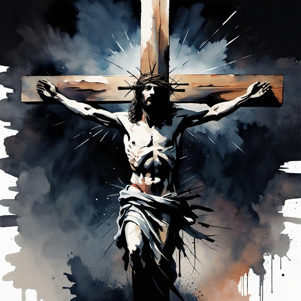 Jesus Carrying Cross: Moody Watercolor Silhouette