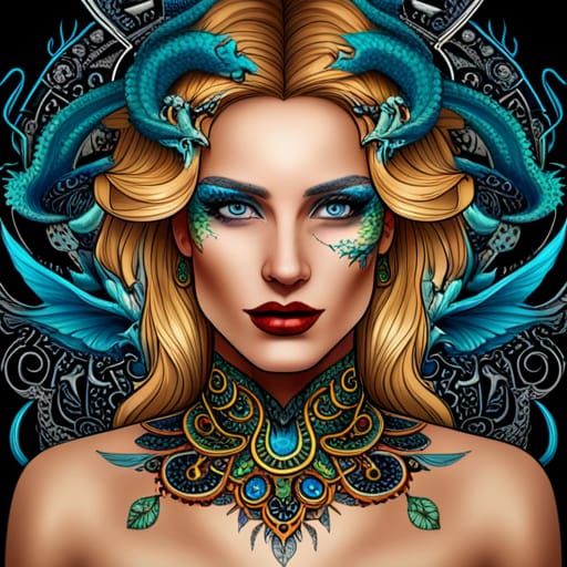 Blond Woman with Dragon Tattoos in High Resolution