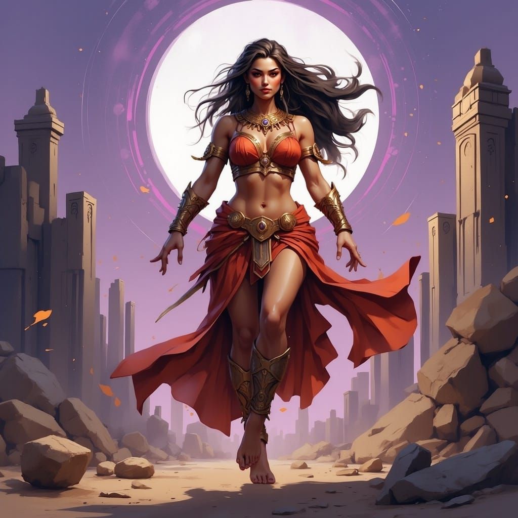 Egyptian Woman Drifting in Futuristic Cityscape