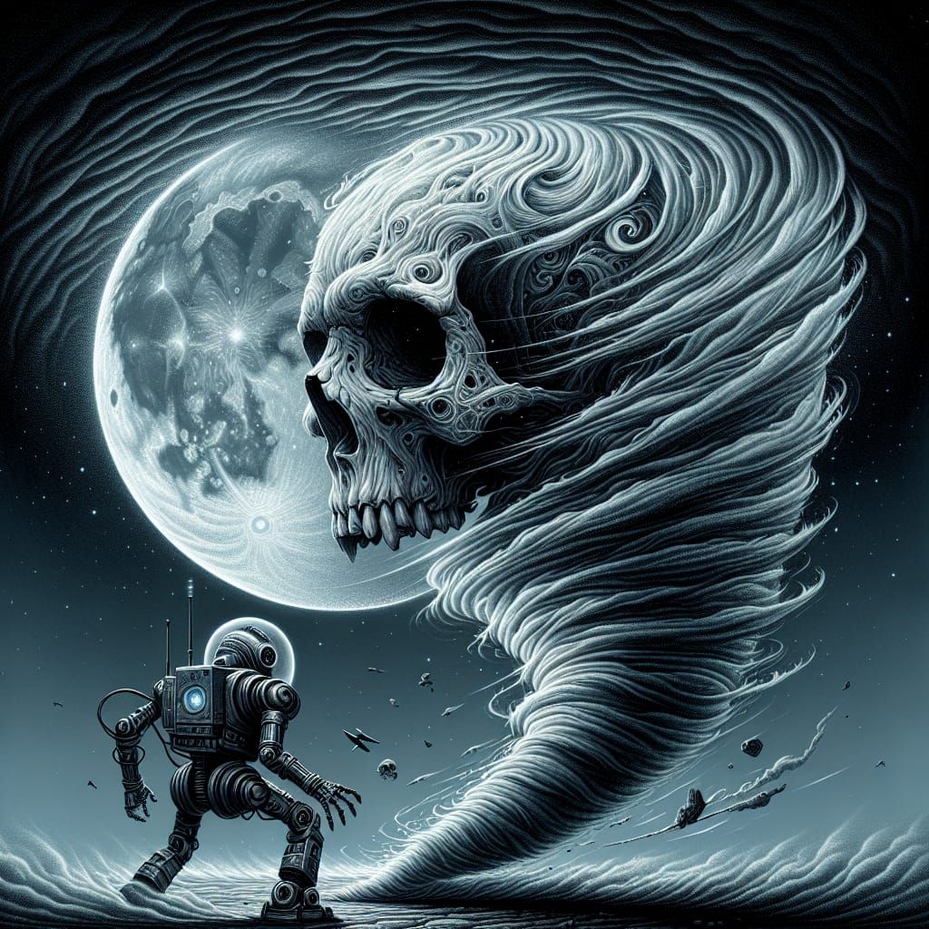 Robot and Skull in Tornado Under Moonlight
