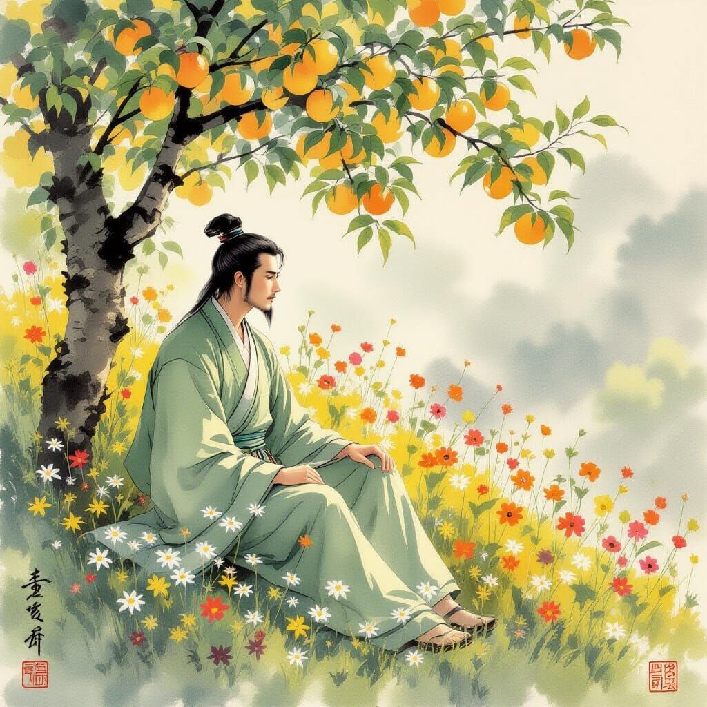 Ethereal Chinese Man in Apple Grove in Watercolor Style
