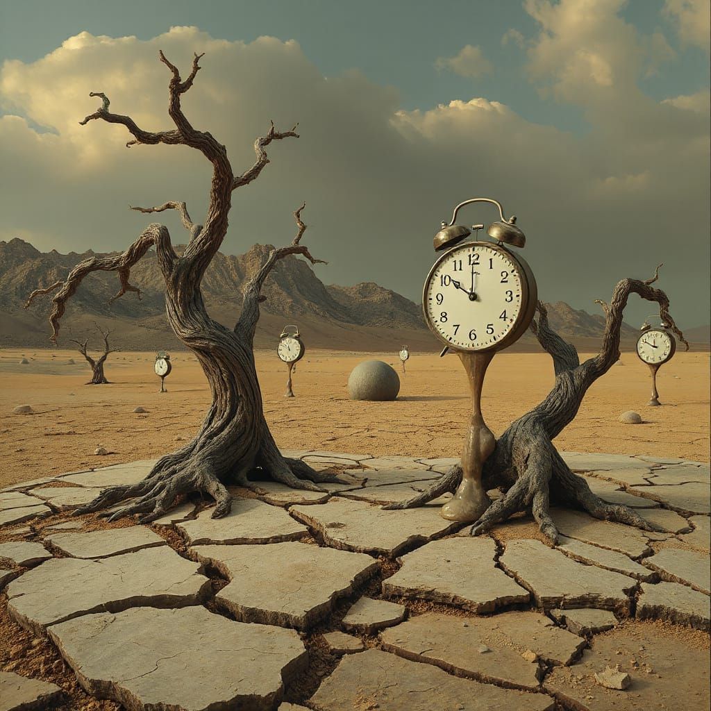 Surreal Desert Landscape with Melting Clocks in Dali Style