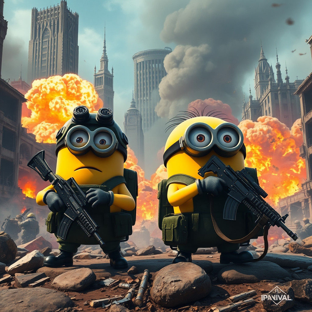 Minions in Military Attire Amidst War-Torn Cityscape
