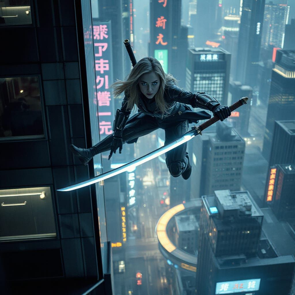 Cyberpunk Ninja Leaps in Neon Metropolis