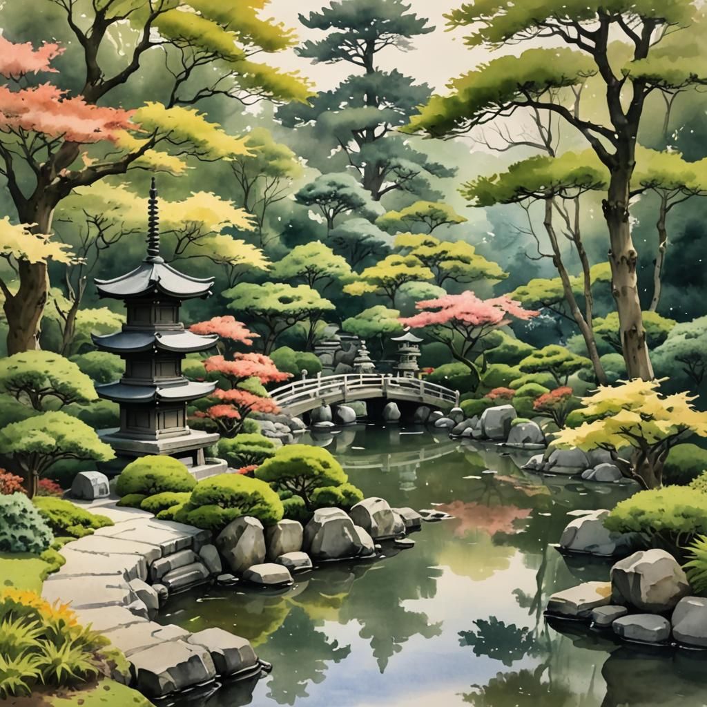 Watercolor Japanese Garden with Statuary