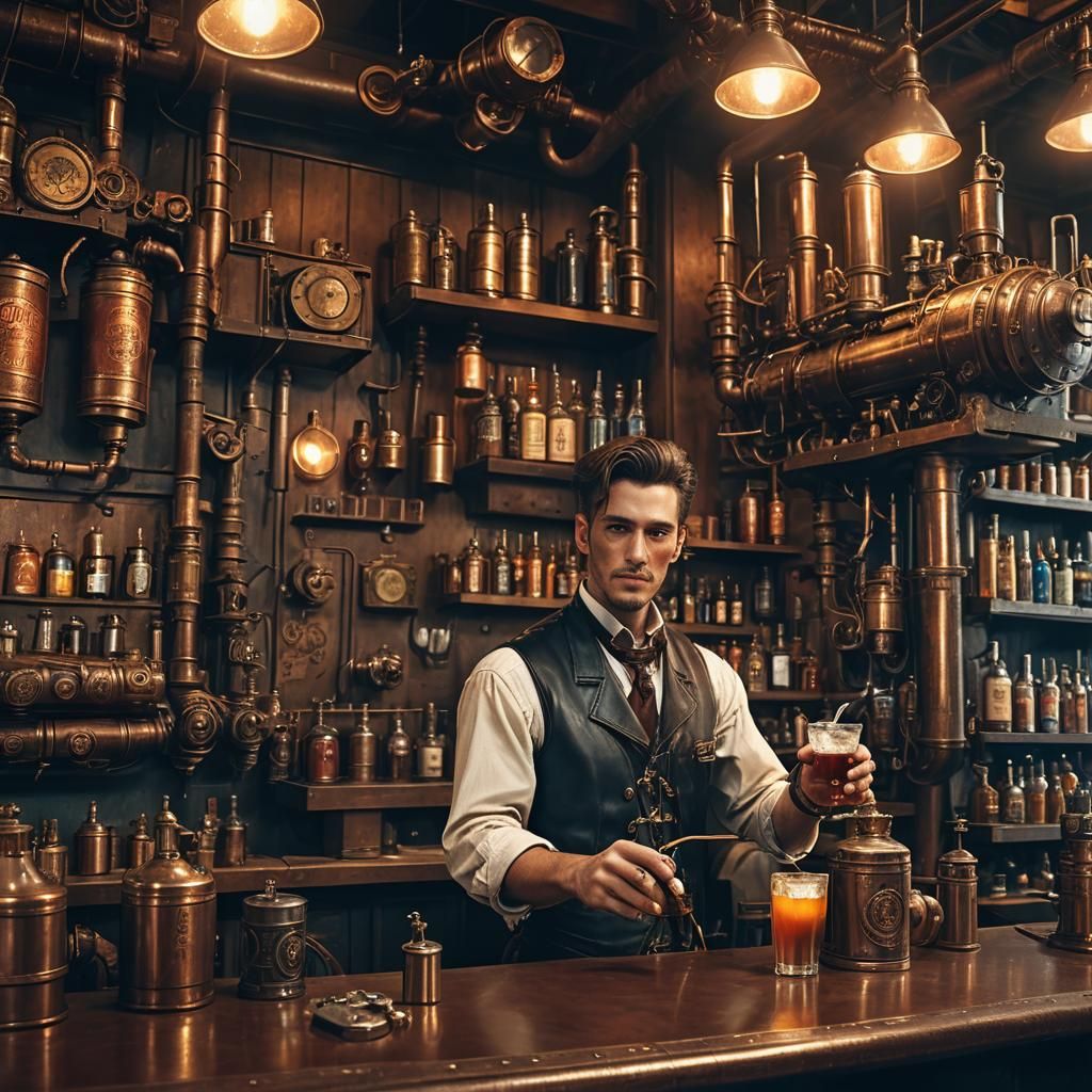 Steampunk Waiter Serves Cyborg Oil Cocktail