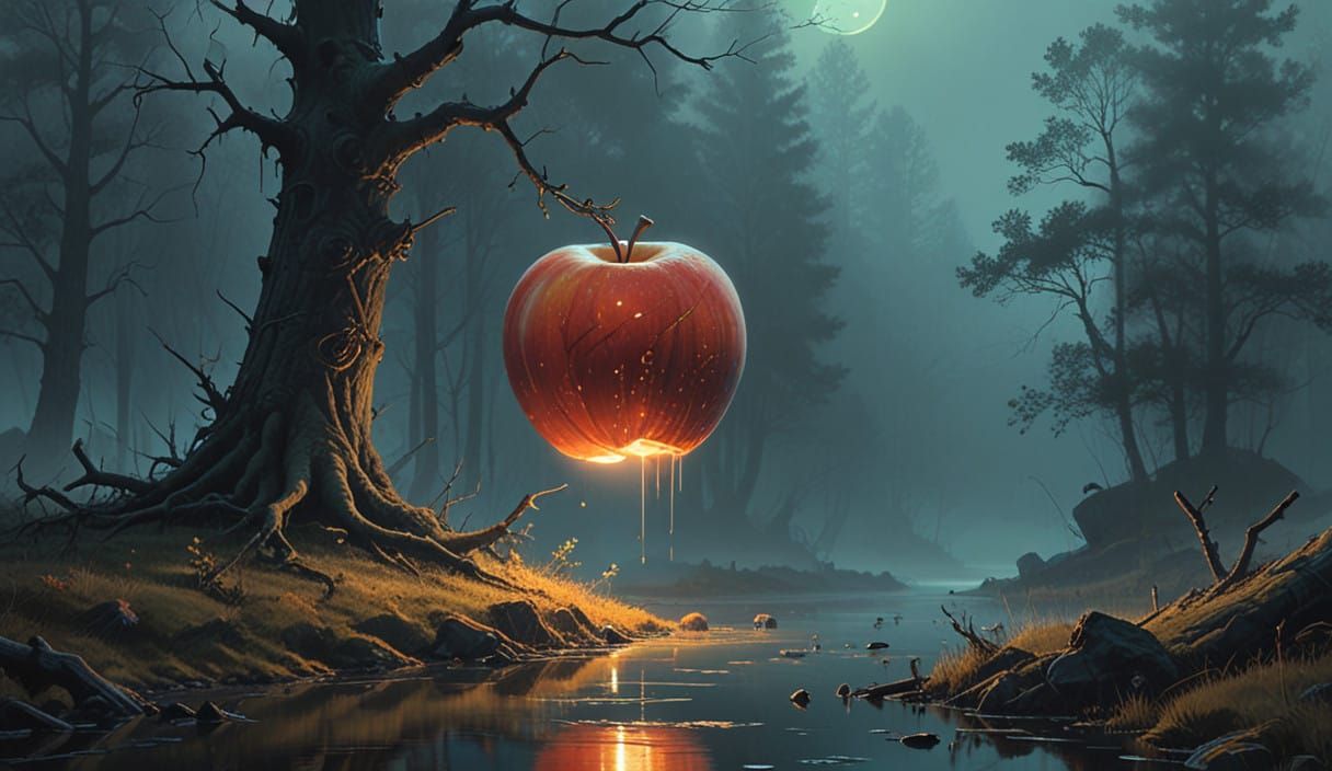 Mystical Fog Encloses Glowing Golden Apple