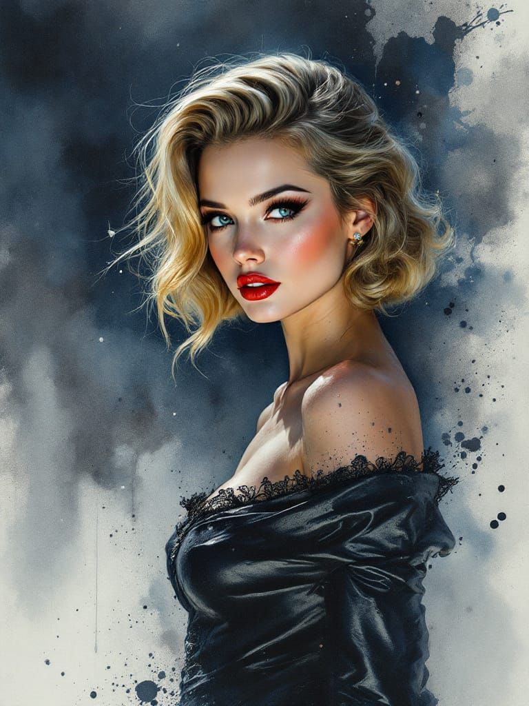 1950s Pin-Up Woman in Smoky Watercolor Style