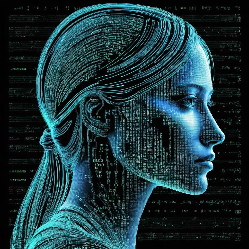 Girl's Profile in Cyberpunk Binary Landscape