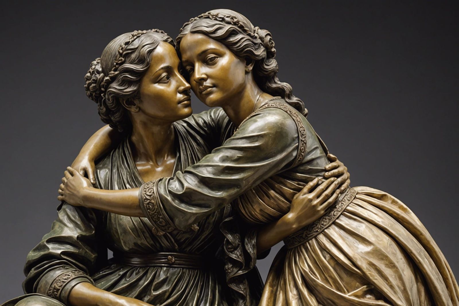 An award-winning sculpture featuring two women of diverse ancestry, one Hispanic and the other Caucasian, warmly embraci...