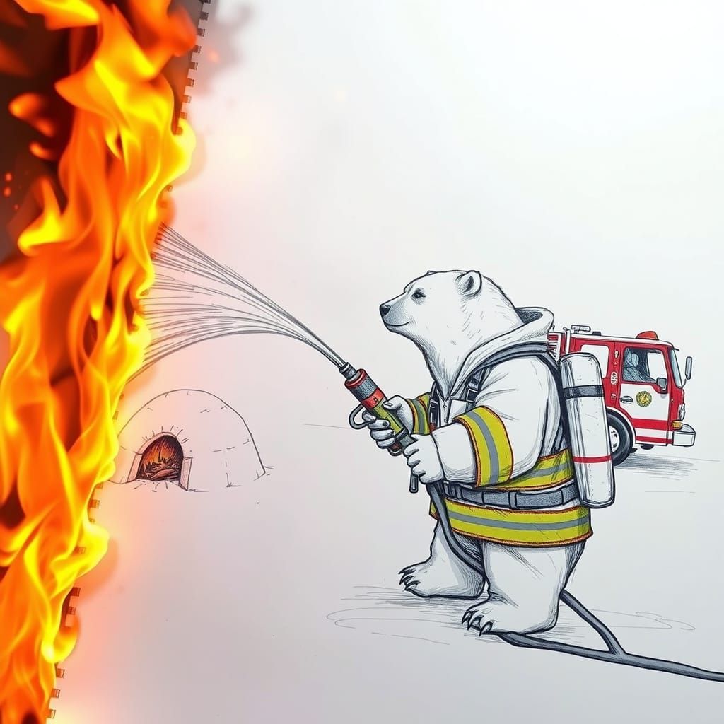 Polar Bear Firefighter Sketch with Real Flames