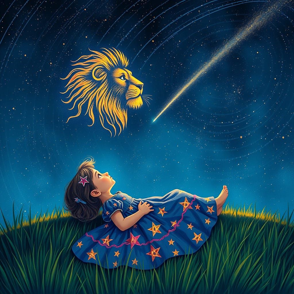 Little Girl Gazing Up at the Majestic Leo Constellation