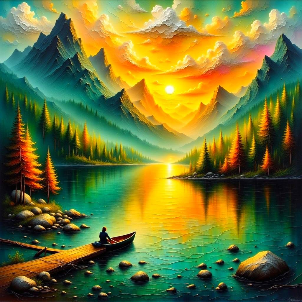 Mystical Mountainscape with Fisherman in a Canoe