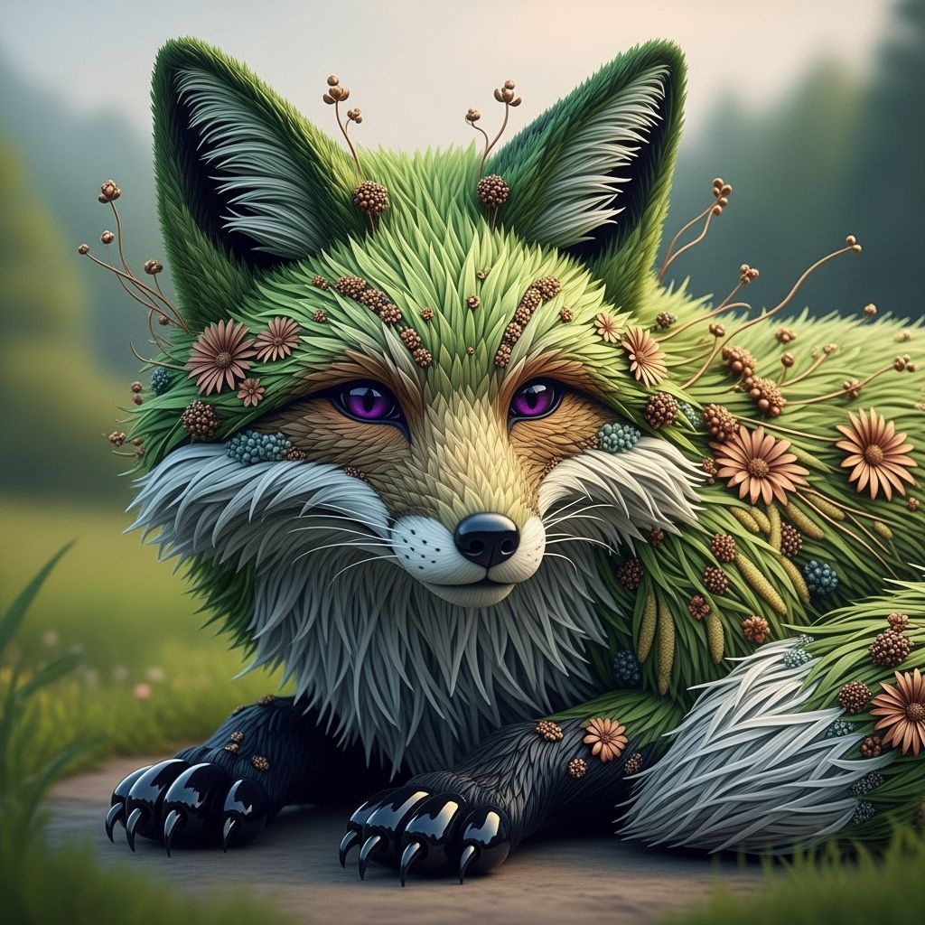 Fox Sculpture of Grass and Flowers in Dreamlike Style