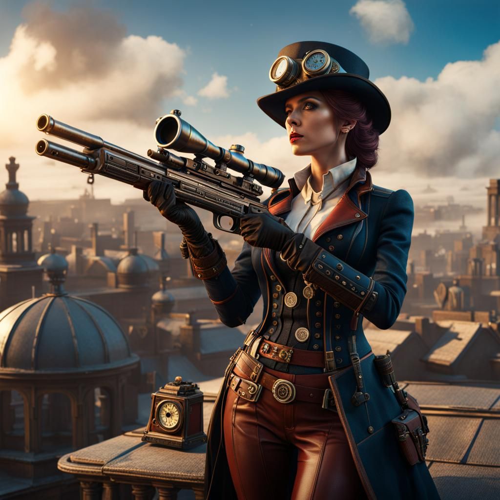 Steampunk Sniper on Rooftop: Detailed Matte Painting