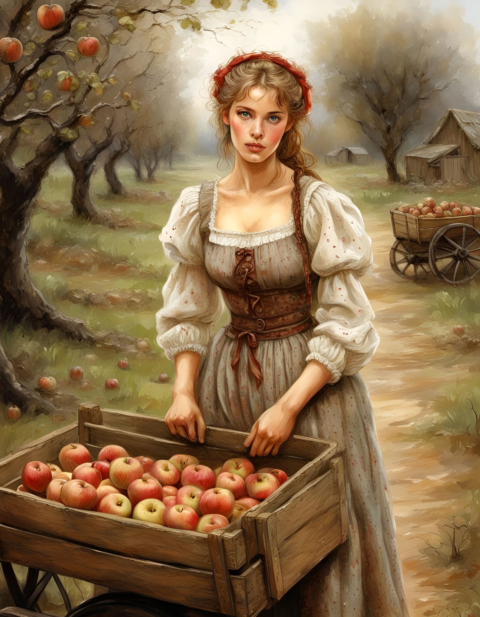 Freckled Peasant Girl Harvesting Apples in Orchard