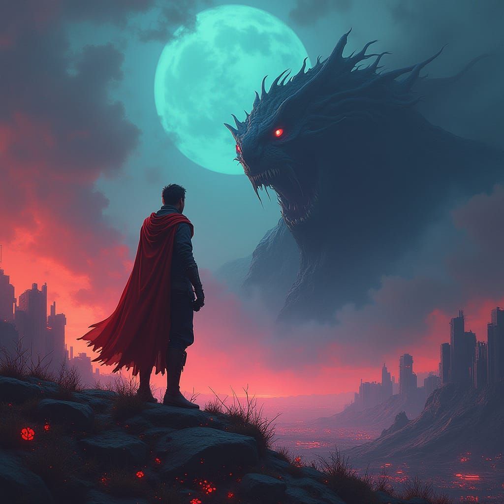 Heroic Figure Battles Dark Presence in Dystopian Future