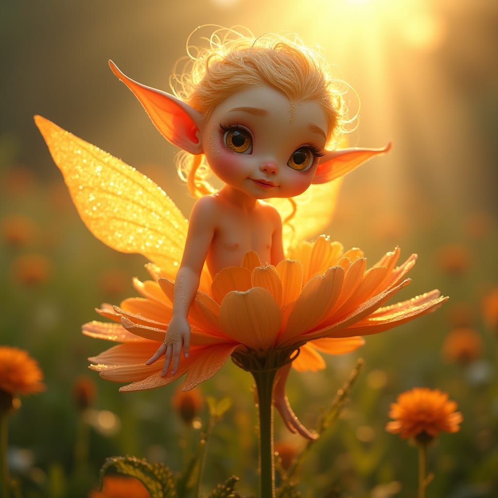 Ethereal Elf Emerges from Flower at Sunrise