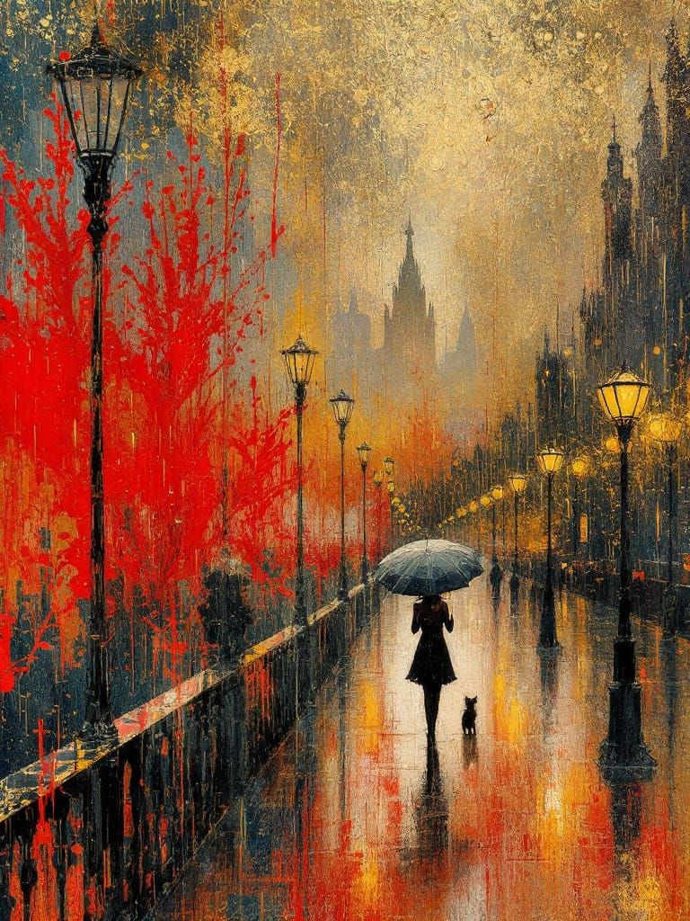 Red Cabaret Cat in Raining Golden Streets